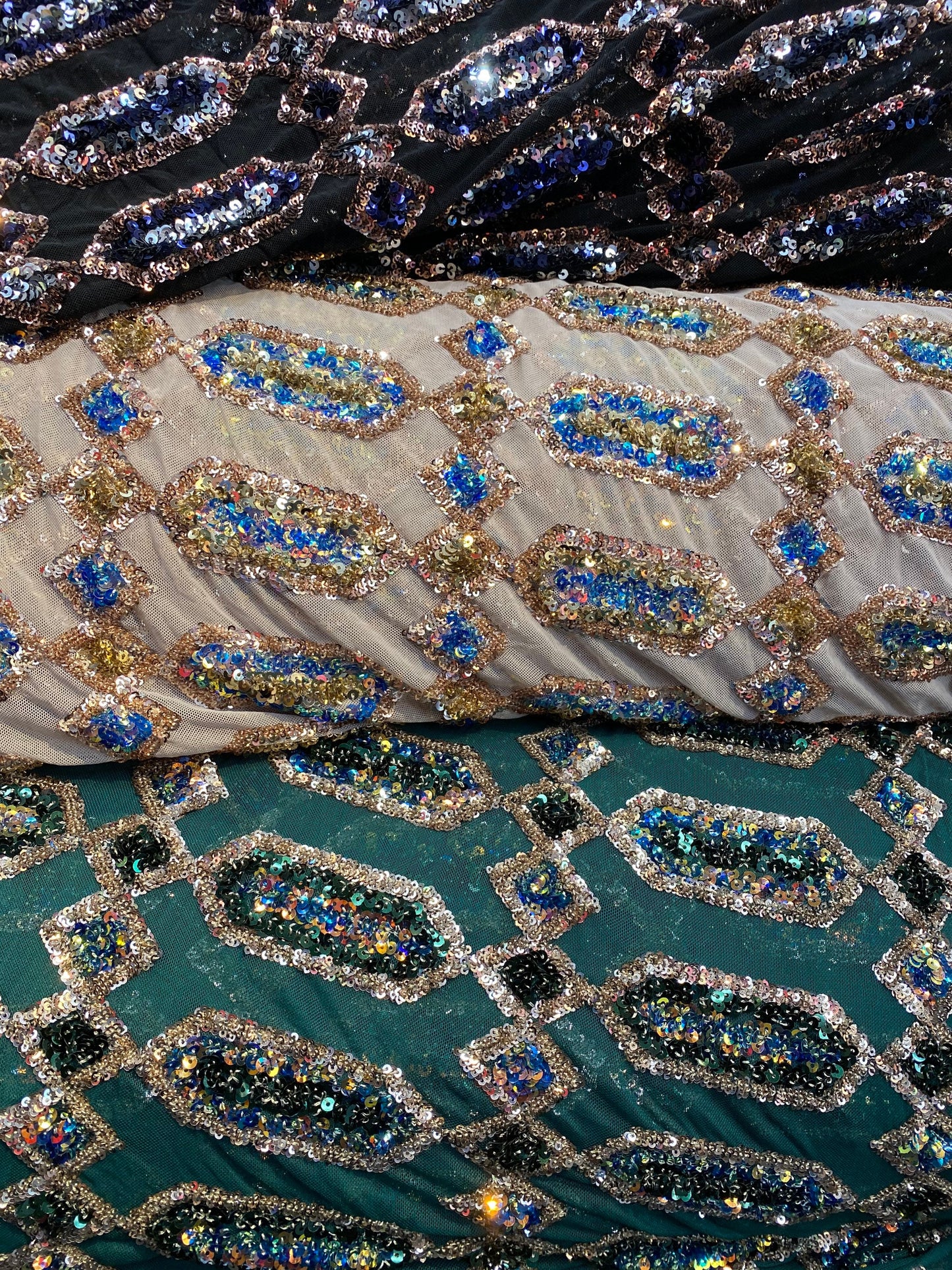 New geometric avatar iridescent sequins on stretch mesh 4-way 50/52” Sold by the YD. Ships worldwide from Los Angeles California USA.