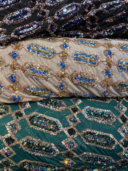 New geometric avatar iridescent sequins on stretch mesh 4-way 50/52” Sold by the YD. Ships worldwide from Los Angeles California USA.