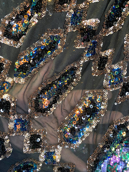 New geometric avatar iridescent sequins on stretch mesh 4-way 50/52” Sold by the YD. Ships worldwide from Los Angeles California USA.