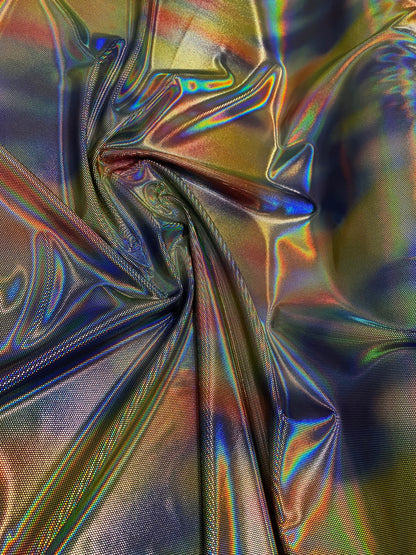 Luxury Spectrum iridescent hologram metallic foil on stretch velvet 58/60” 4-way stretch 58/60” Sold by the YD. Ships worldwide from L.A CA.