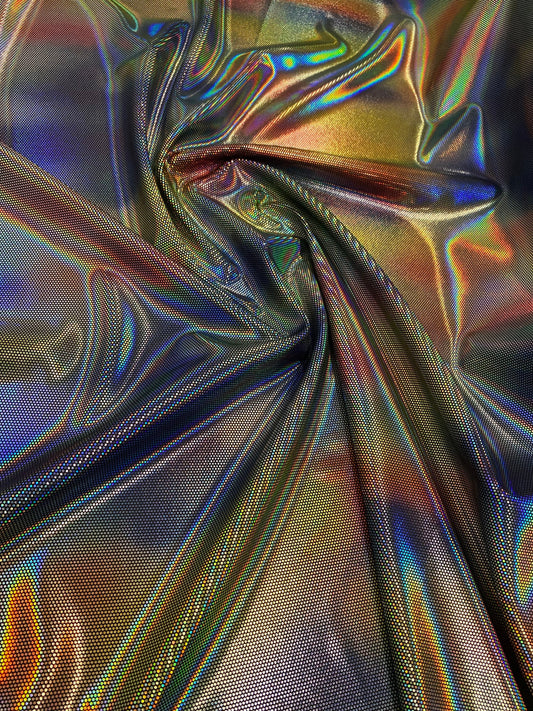 Luxury Spectrum iridescent hologram metallic foil on stretch velvet 58/60” 4-way stretch 58/60” Sold by the YD. Ships worldwide from L.A CA.