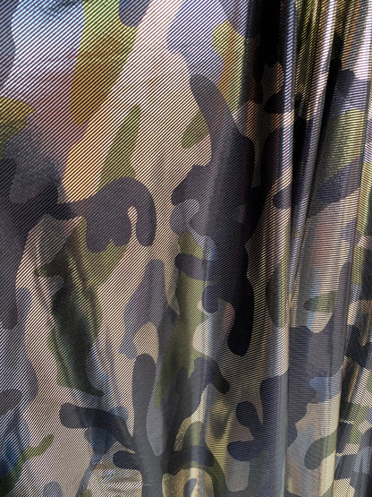 Camouflage army color metallic nylon spandex 4-way stretch 58/60” Sold by the YD. Ships worldwide from Los Angeles California USA.