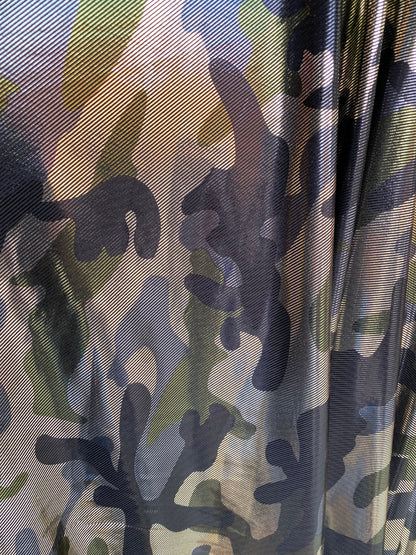 Camouflage army color metallic nylon spandex 4-way stretch 58/60” Sold by the YD. Ships worldwide from Los Angeles California USA.