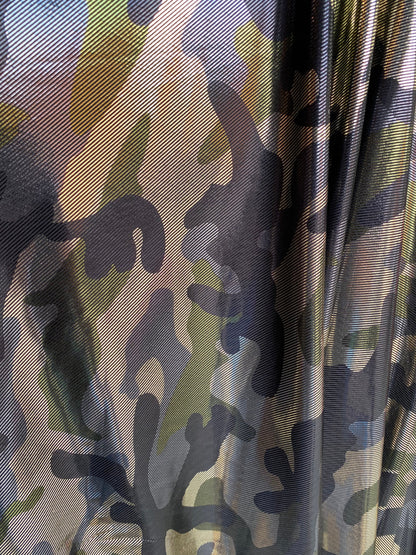 Camouflage army color metallic nylon spandex 4-way stretch 58/60” Sold by the YD. Ships worldwide from Los Angeles California USA.