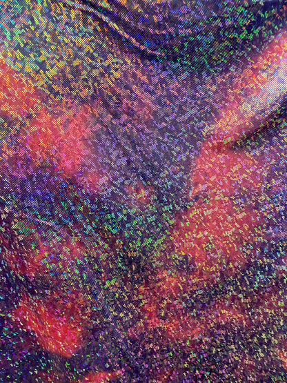 New tie dye cotton candy shattered glass metallic nylon spandex with hologram foil 4-way stretch 58/60” Sold by the YD.