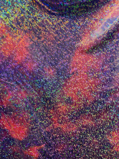 New tie dye cotton candy shattered glass metallic nylon spandex with hologram foil 4-way stretch 58/60” Sold by the YD.
