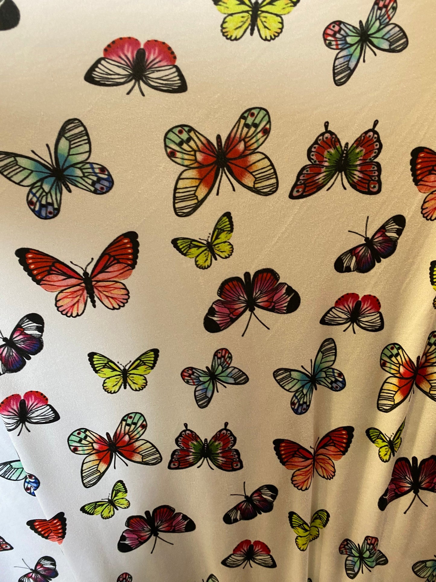 New butterflies design multicolor print on good quality stretch poly spandex 4-way stretch 58/60” Sold by the YD. Ships worldwide