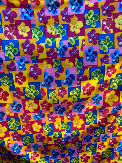 New small flower design multicolor print one shining spandex 4-way stretch 58/60” Sold by the YD. Ships worldwide from Los Angeles CA.