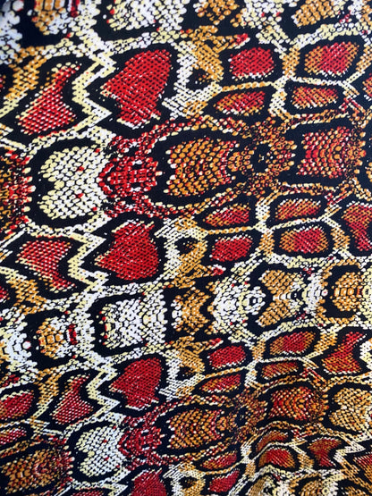 New Exotic snake design print on poly spandex matte medium weight 2-way stretch 58/60” Sold by the YD. Ships worldwide from Los Angeles CA.