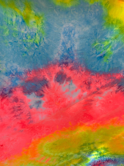 New tie dye rainbow poly spandex medium weight 4-way stretch 58/60” Sold by the YD. Ships worldwide from Los Angeles California USA.
