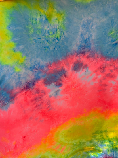 New tie dye rainbow poly spandex medium weight 4-way stretch 58/60” Sold by the YD. Ships worldwide from Los Angeles California USA.