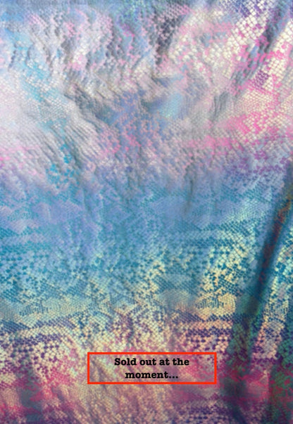 New metallic nylon spandex tie dye iridescent snake foil 4way stretch 58/60" Sold by the YD. Ships worldwide from Los Angeles California USA