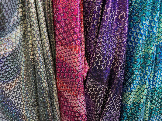 New Exotic peacock design hologram metallic nylon spandex 4-way stretch 58/60” Sold by the YD. Ships worldwide from Los Angeles California