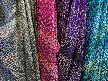 New Exotic peacock design hologram metallic nylon spandex 4-way stretch 58/60” Sold by the YD. Ships worldwide from Los Angeles California