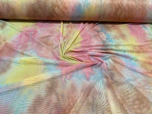 New tie dye power mesh nude pastel colors 4-way stretch 58/60” Sold by the YD. Ships worldwide from Los Angeles California USA.