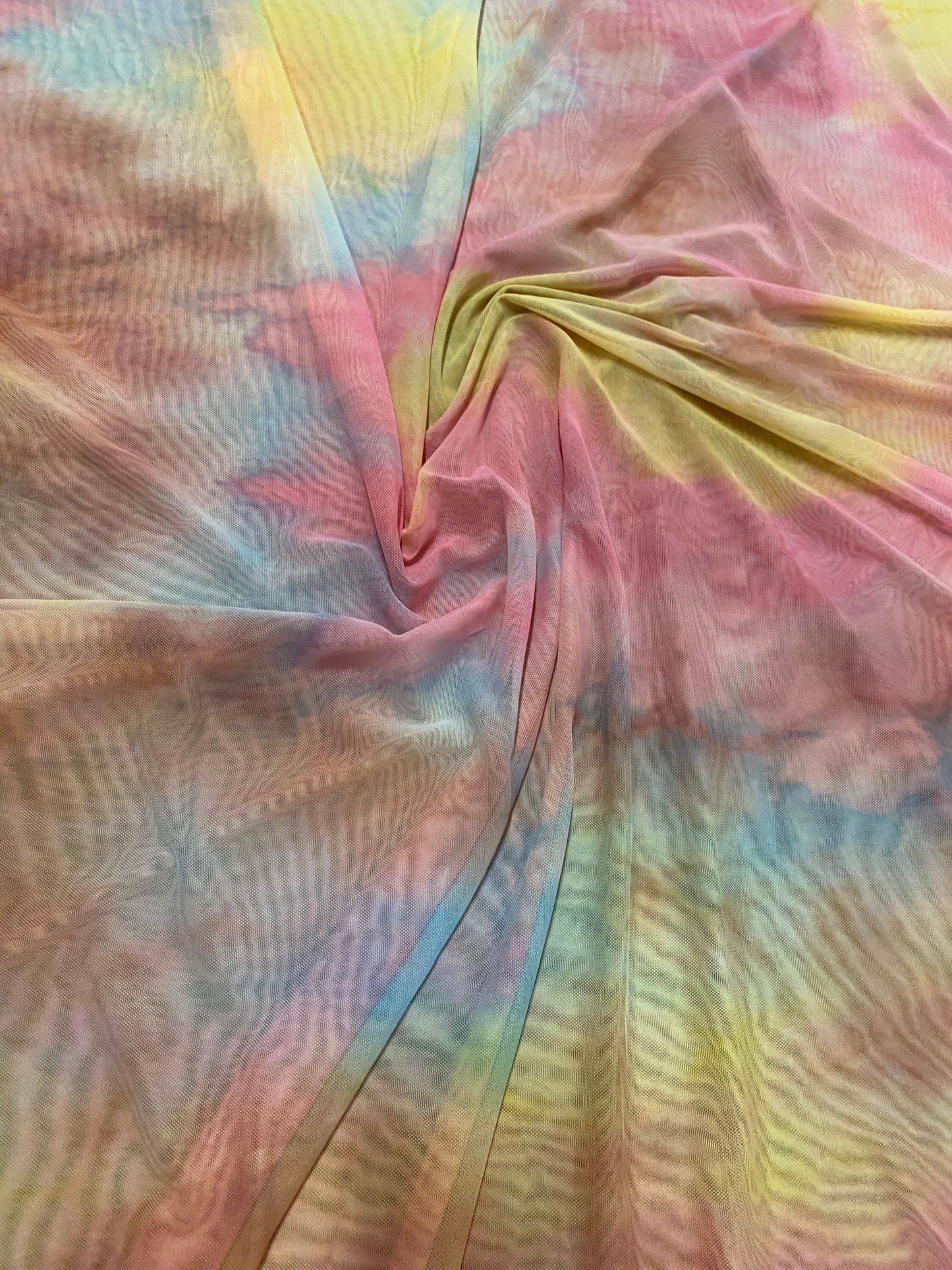 New tie dye power mesh nude pastel colors 4-way stretch 58/60” Sold by the YD. Ships worldwide from Los Angeles California USA.