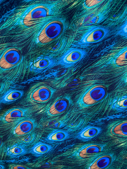 Peacock design print of great quality of nylon spandex 4-way stretch 58/60” Sold by the YD. Ships worldwide from Los Angeles California USA.