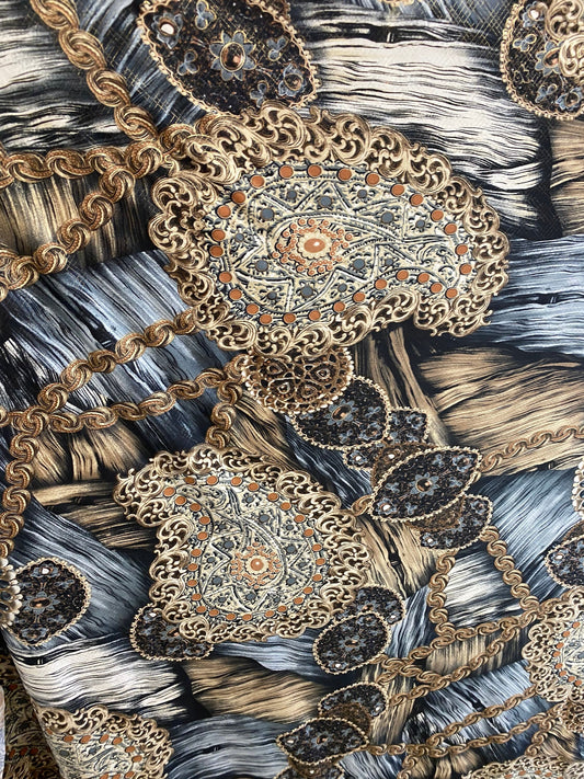 New paisley fashion design print on poly spandex 4-way stretch 58/60” Sold by the YD. Ships worldwide from Los Angeles California USA.