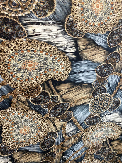 New paisley fashion design print on poly spandex 4-way stretch 58/60” Sold by the YD. Ships worldwide from Los Angeles California USA.