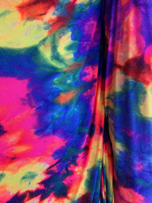 New tie dye print on poly spandex with lurex medium weight 4-way stretch 58/60” Sold by the YD. Ships worldwide from Los Angeles California