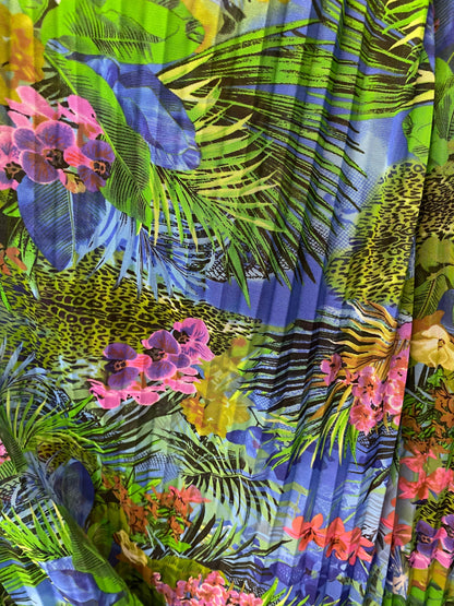 New Hiding Exotic Leopard design print on pleated power mesh 4-way stretch 58/60” Sold by the YD. Ships worldwide from Los Angeles CA USA.