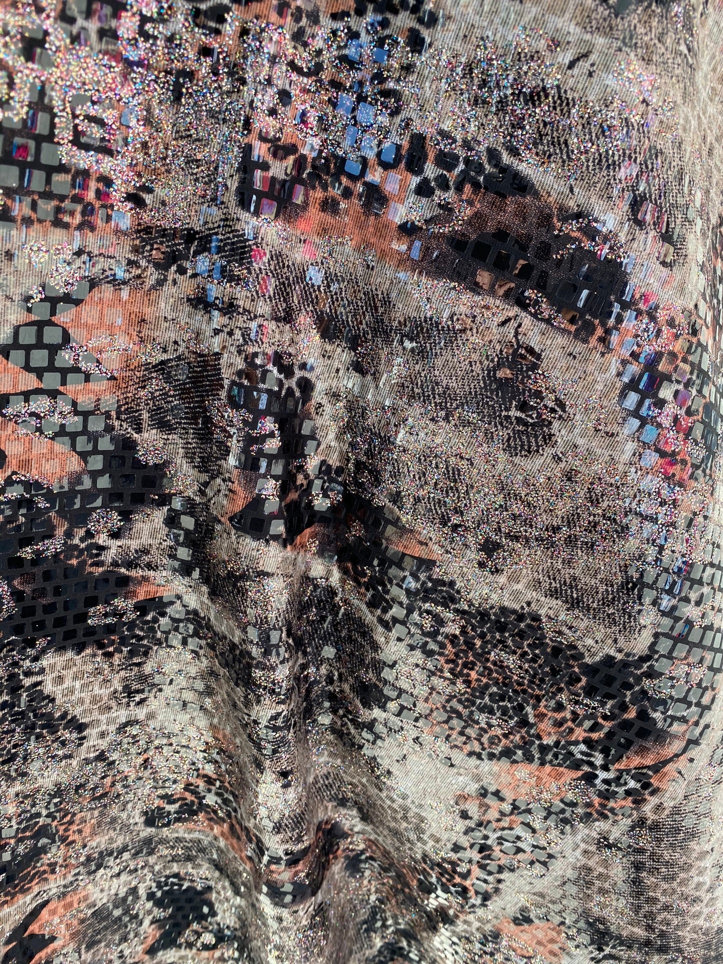 New abstract design print on poly spandex 2-way stretch with clear square sequins all over 58/60” Sold by the YD. Ships worldwide from L.A