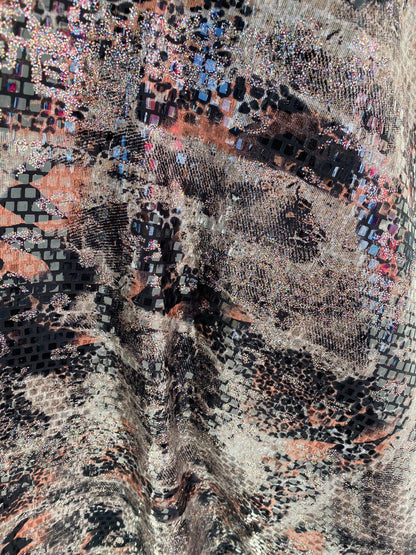 New abstract design print on poly spandex 2-way stretch with clear square sequins all over 58/60” Sold by the YD. Ships worldwide from L.A