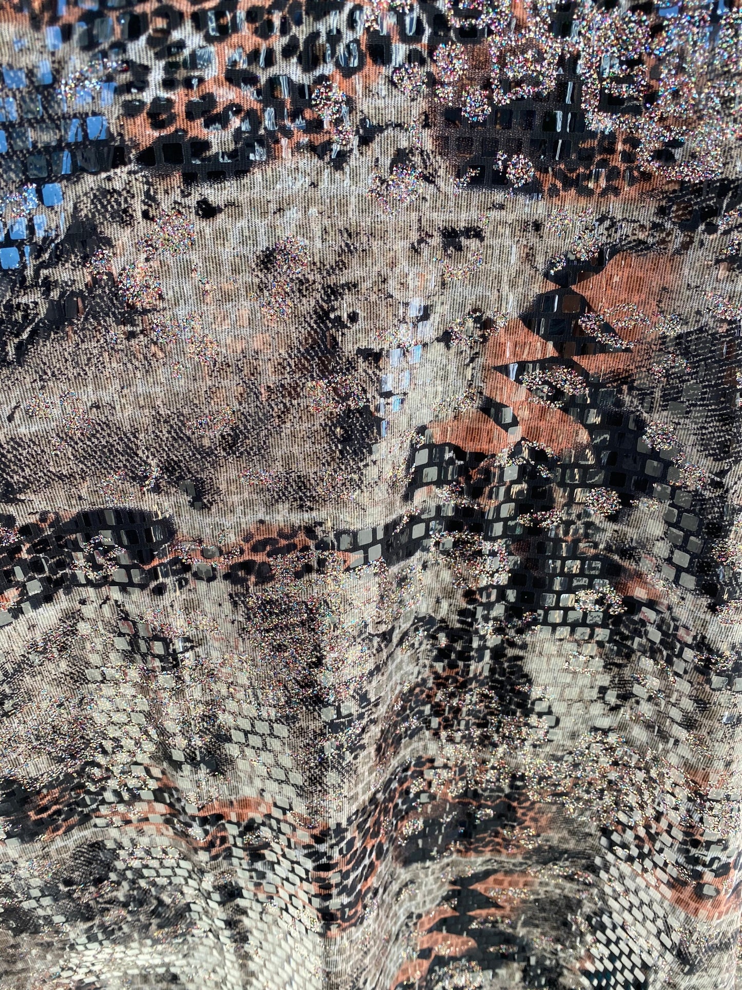 New abstract design print on poly spandex 2-way stretch with clear square sequins all over 58/60” Sold by the YD. Ships worldwide from L.A