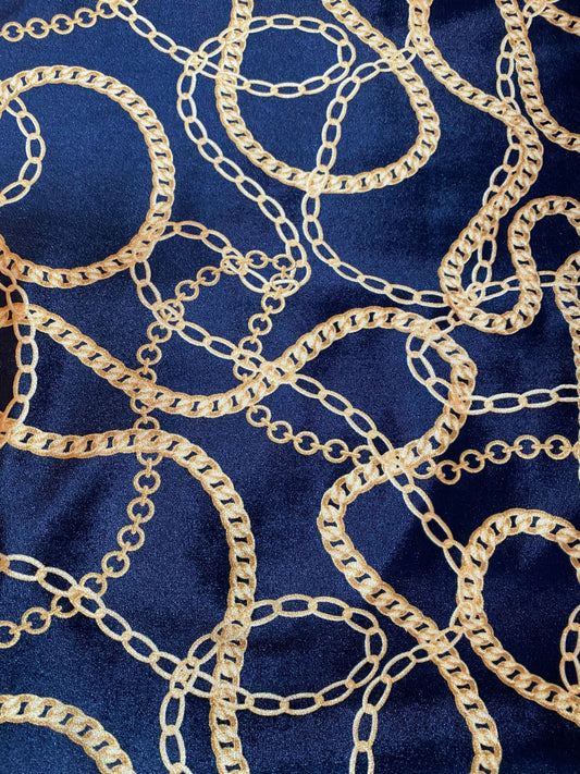 Luxury brand golden chain design print on great quality of stretch velvet 4-way stretch 58/60” Sold by the YD. Ships worldwide from L.A CA.