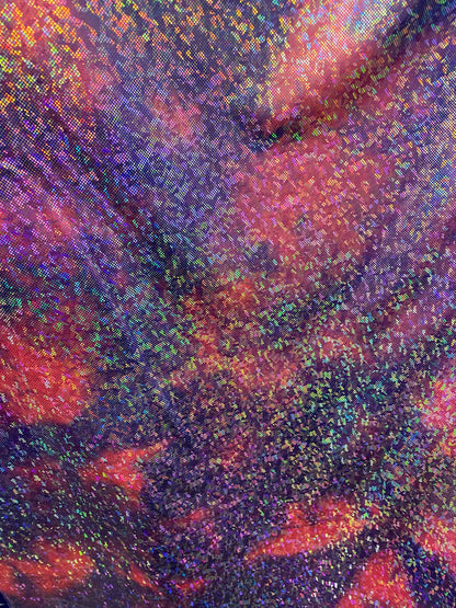 New tie dye cotton candy shattered glass metallic nylon spandex with hologram foil 4-way stretch 58/60” Sold by the YD.
