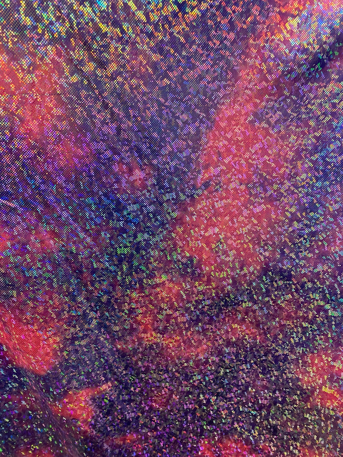 New tie dye cotton candy shattered glass metallic nylon spandex with hologram foil 4-way stretch 58/60” Sold by the YD.