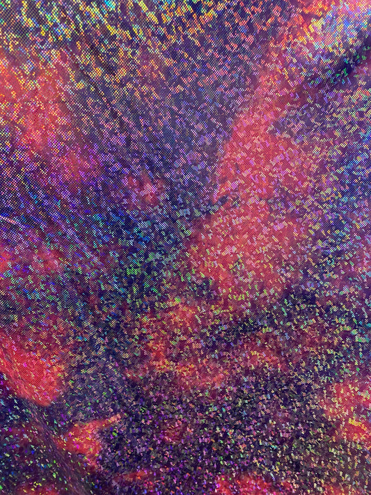 New tie dye cotton candy shattered glass metallic nylon spandex with hologram foil 4-way stretch 58/60” Sold by the YD.