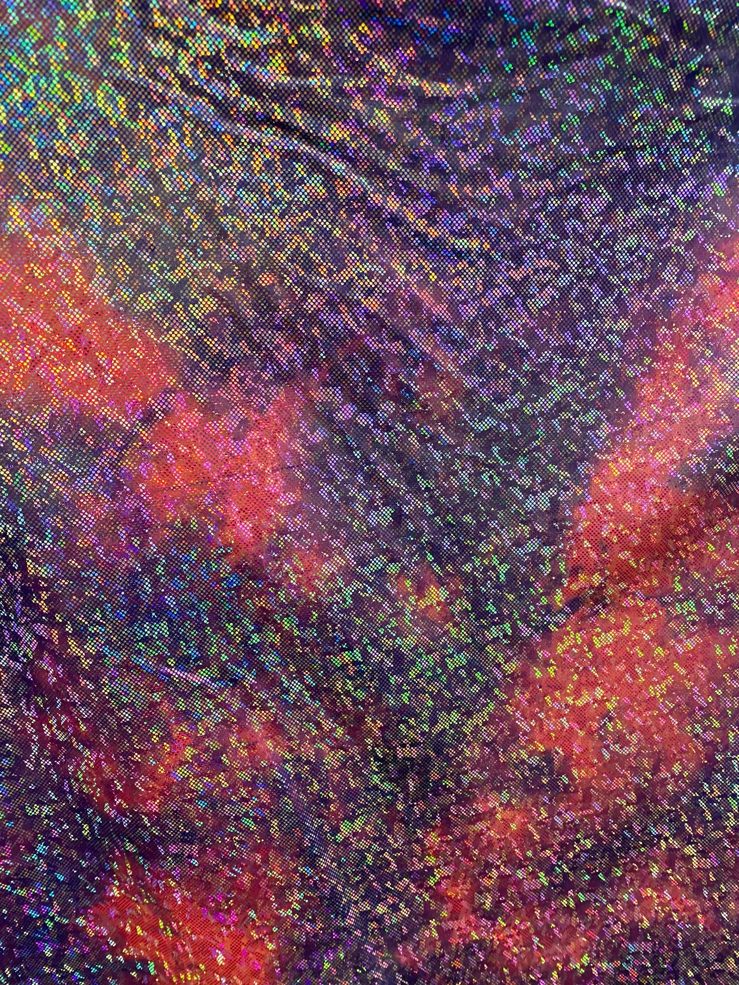 New tie dye cotton candy shattered glass metallic nylon spandex with hologram foil 4-way stretch 58/60” Sold by the YD.