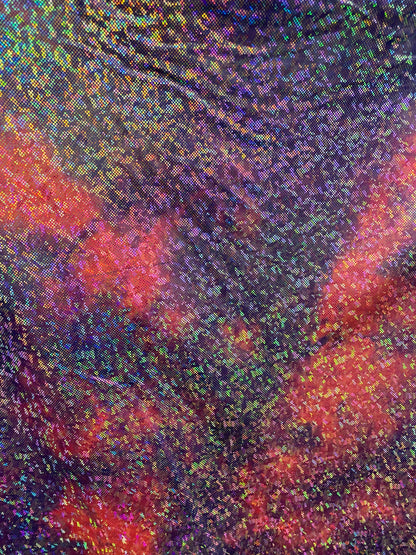 New tie dye cotton candy shattered glass metallic nylon spandex with hologram foil 4-way stretch 58/60” Sold by the YD.