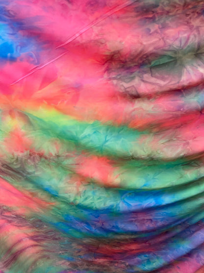 New tie dye pastel colors print on  poly spandex medium weight 4-way stretch 58/60” Sold by the YD. Ships worldwide from Los Angeles