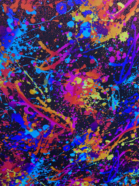Graffiti paint design multi nylon spandex with foil 4-way stretch 58/60” sold by the YD. Ships worldwide from Los Angeles California.