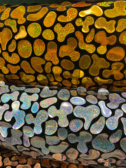 New Stone pebbles design hologram geometric jumbo sequins embroidered on stretch velvet 2-way stretch 54/55” sold by the YD.