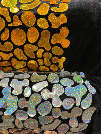 New Stone pebbles design hologram geometric jumbo sequins embroidered on stretch velvet 2-way stretch 54/55” sold by the YD.