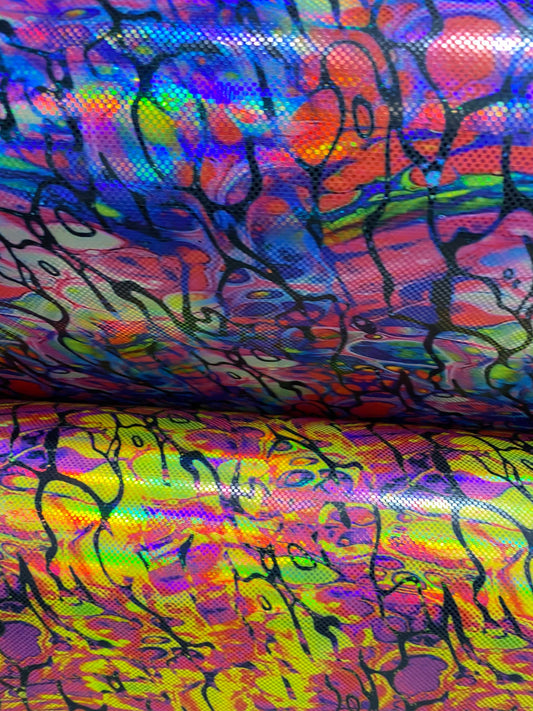 New splatter paint design abstract digital foil print metallic lacer hologram nylon spandex 4-way stretch 58/60” Sold by the YD.