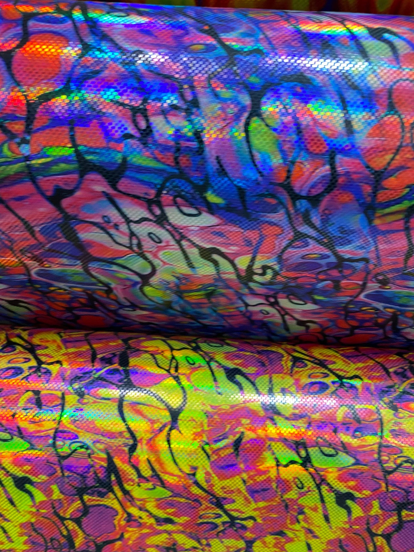 New splatter paint design abstract digital foil print metallic lacer hologram nylon spandex 4-way stretch 58/60” Sold by the YD.