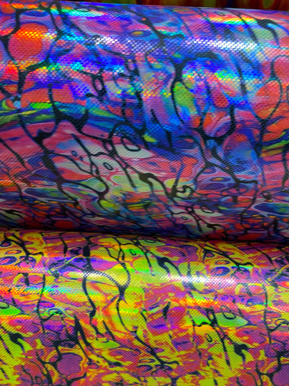 New splatter paint design abstract digital foil print metallic lacer hologram nylon spandex 4-way stretch 58/60” Sold by the YD.