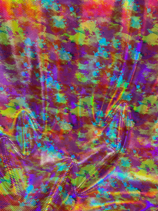 New modern abstract design yellow/pink/red digital foil print lacer hologram metallic nylon spandex 4-way stretch 58/60” Sold by the YD.