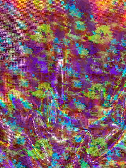 New modern abstract design yellow/pink/red digital foil print lacer hologram metallic nylon spandex 4-way stretch 58/60” Sold by the YD.