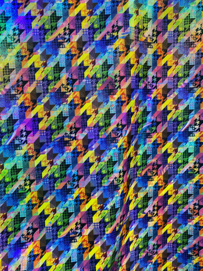 New modern houndstooth rainbow design digital foil print lacer hologram metallic nylon spandex 4-way stretch 58/60” Sold by the YD.