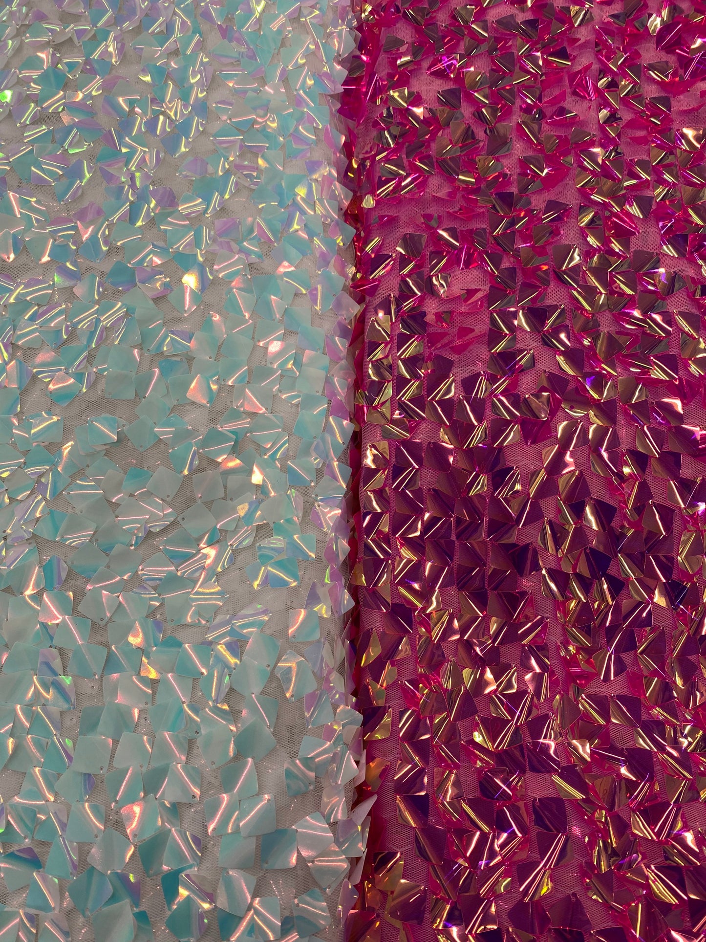 New square sequins iridescent colors embroidered in mesh fabric 2-way stretch 54/55” Sold by the YD. Ships worldwide from Los Angeles cali