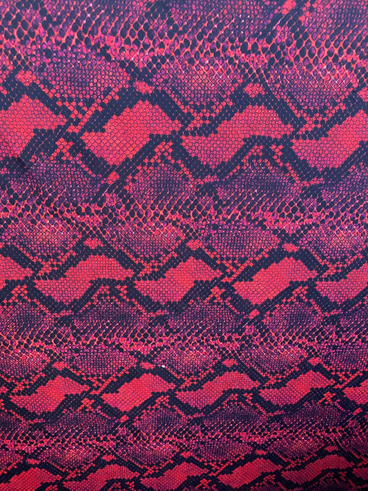Serpent design Red/black print on nylon spandex 4-way stretch 58/60” Sold  by the YD. Ships worldwide from Los Angeles California USA.