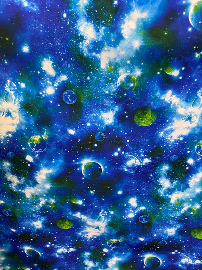 Amazing galaxy design print on heavy nylon spandex 4-way stretch 58/60” Sold by the YD. Ships worldwide from Los Angeles California USA.