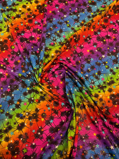 New rainbow Vegas design multi stars nylon spandex with foil 4-way stretch 58/60” Sold by the YD. Ships worldwide from Los Angeles CA USA.