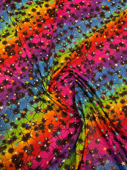 New rainbow Vegas design multi stars nylon spandex with foil 4-way stretch 58/60” Sold by the YD. Ships worldwide from Los Angeles CA USA.