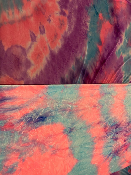 New Cotton Candy tie dye crushed velvet and tie dye power mesh 4-way stretch 58/60” Sold by the YD. Ships worldwide from Los Angeles cali